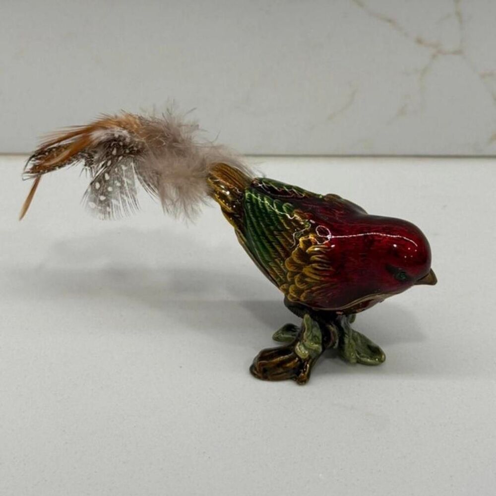 Vintage Enameled Red Bird Trinket Box with Feathers